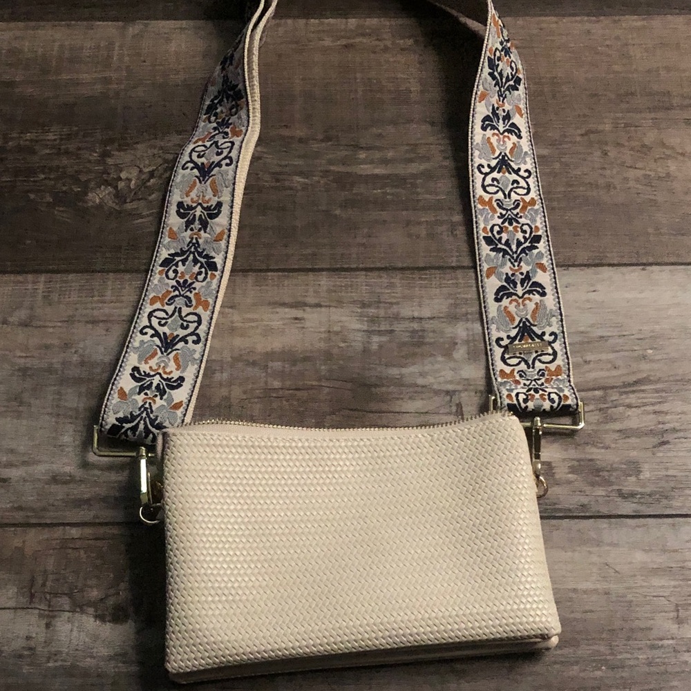 Cream Textured Crossbody Bag with Patterned Adjustable Strap